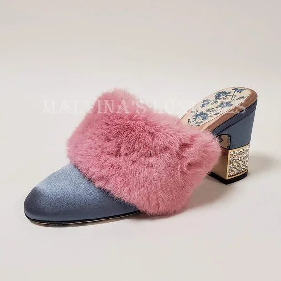 GUCCI SHOES CANDY SATIN AND FAUX FUR MULES CRYSTAL HEEL sz IT 35.5 US 5.5 - Picture 8 of 16